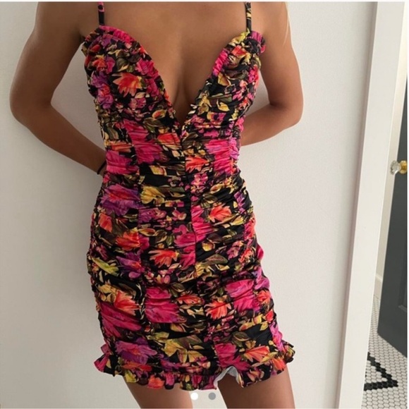 For Love And Lemons Pink, Black, Yellow Floral Cocktail Dress - Picture 5 of 16